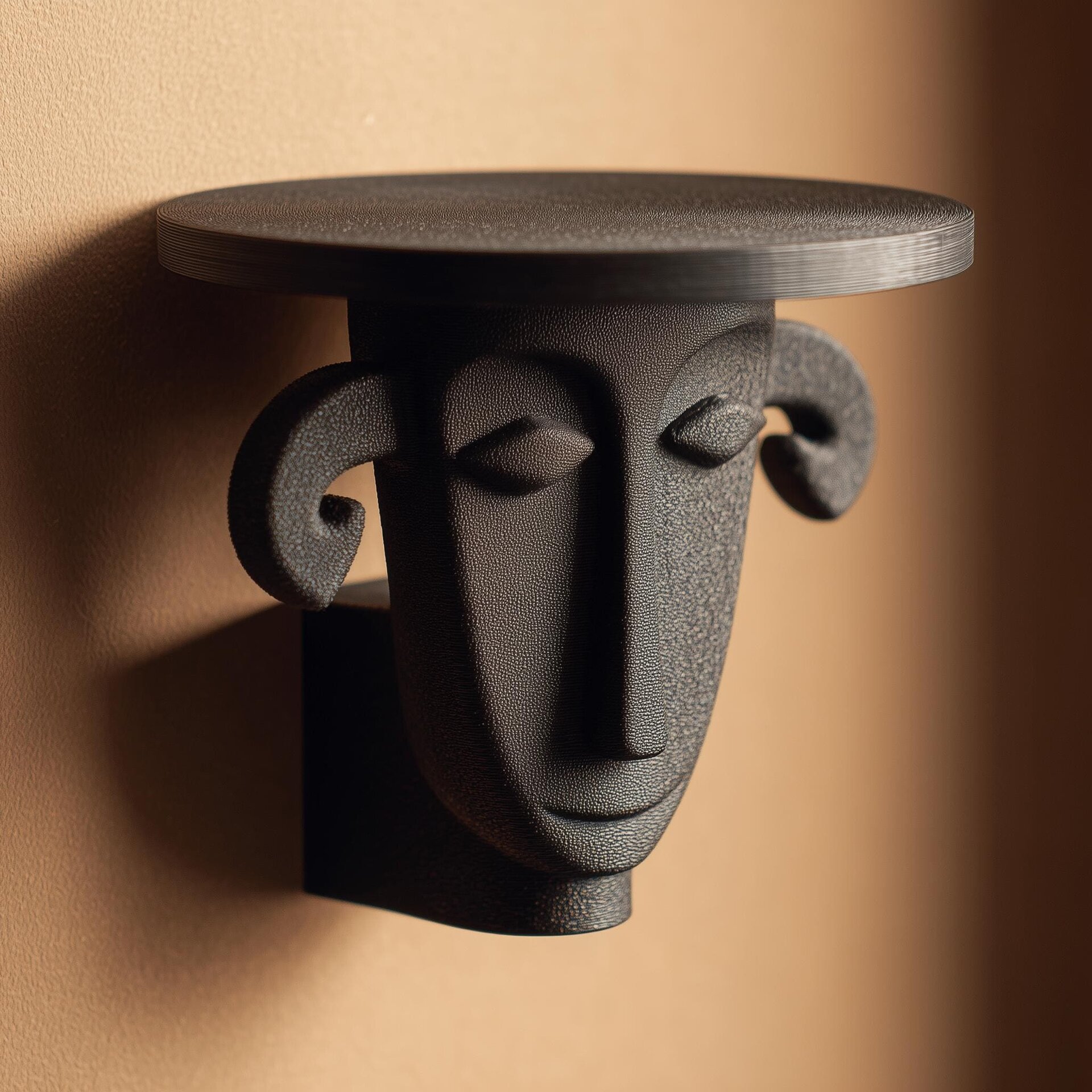 3D Printed Sculpted Face Wall Shelf | Flat Round Top